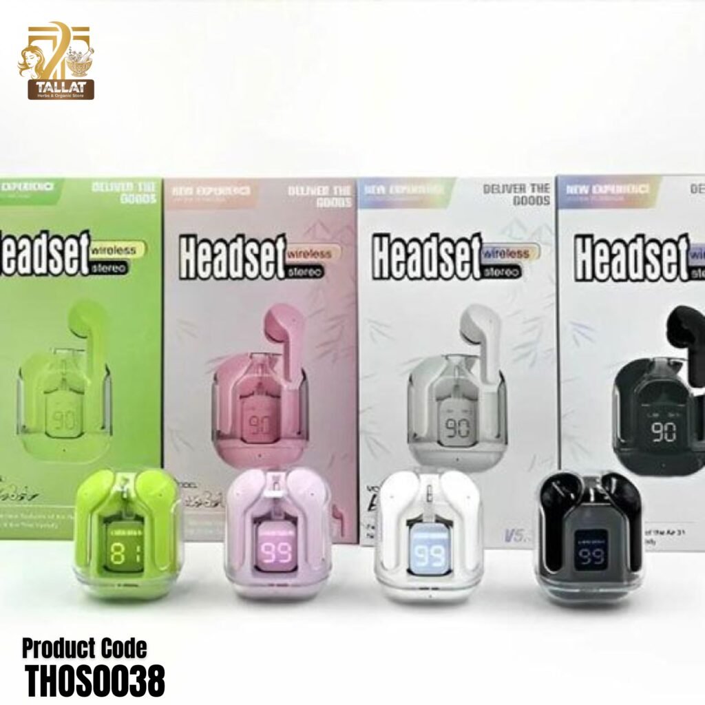 Air31 Wireless Earbuds Crystal Transparent – Bluetooth 5.3 Stereo Earphones with Charging Case  Stylish & High-Quality Sound by Tallat Herbs