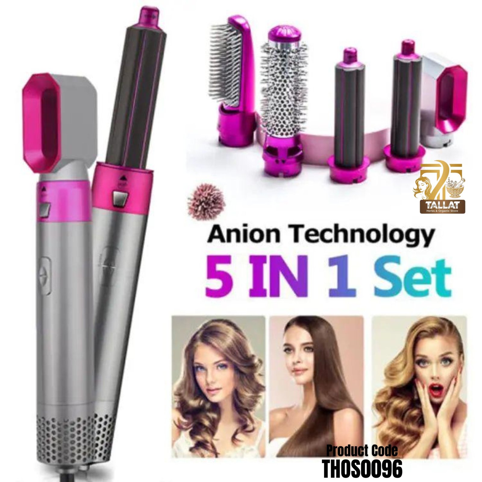 5 In 1 Hair Dryer Brush Electric Blow Dryer Hair Styling Kit with Curling & Straightening Attachments