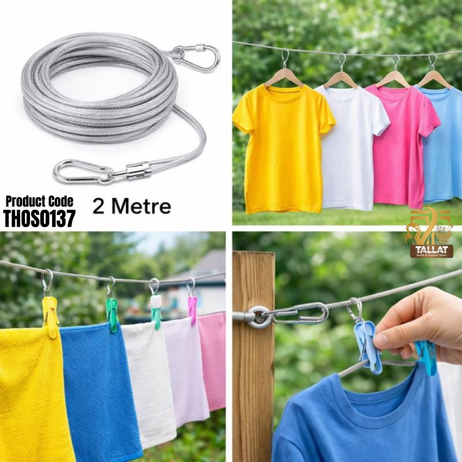 Strong Stainless Steel Clothesline Rope 2 Metre with Hooks – Indoor & Outdoor Laundry Drying Line - Image 2