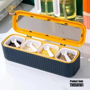 4 Compartment Spice Storage Box with Lid and Spoons – Modern Kitchen Seasoning Organizer